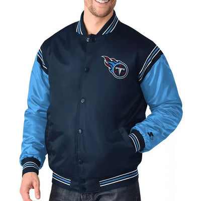 Tennessee Titans Enforcer Full-Snap Varsity Navy/Light Blue Satin Men's Bomber Jacket