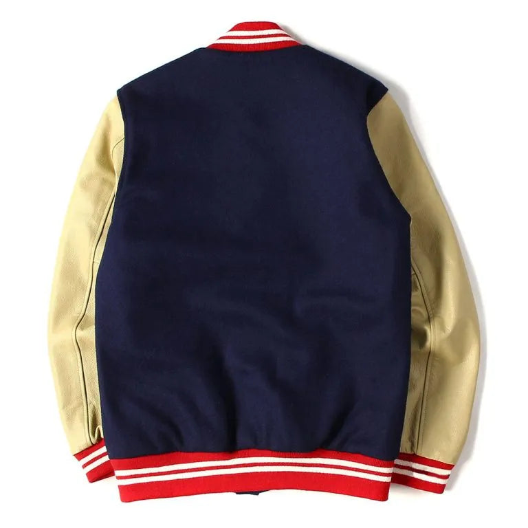 New England Patriots Kendrick Lamar Navy Blue Wool and Beige Genuine Leather Sleeves Men's Varsity Letterman Jacket