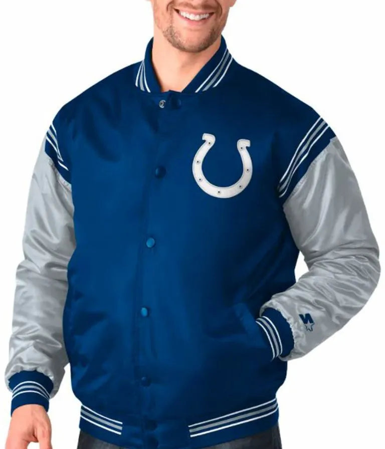 Indianapolis Colts Full-Snap Varsity Grey and Blue Satin Men's Bomber Jacket