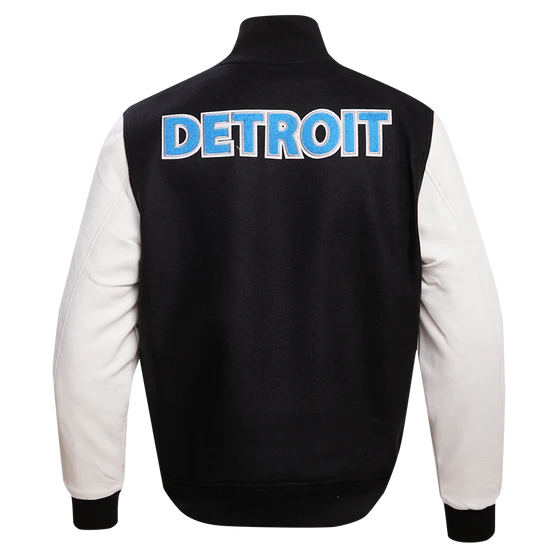 Detroit Lions Black Wool & White Genuine Leather Sleeves Men's Varsity Jacket