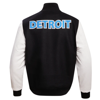 Detroit Lions Black Wool & White Genuine Leather Sleeves Men's Varsity Jacket