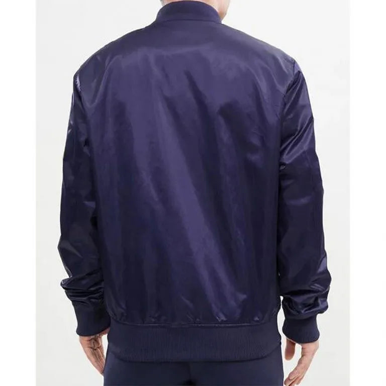 Dallas Cowboys Chest Hit Logo Full-Snap Varsity Navy Blue Satin Men's Bomber Jacket