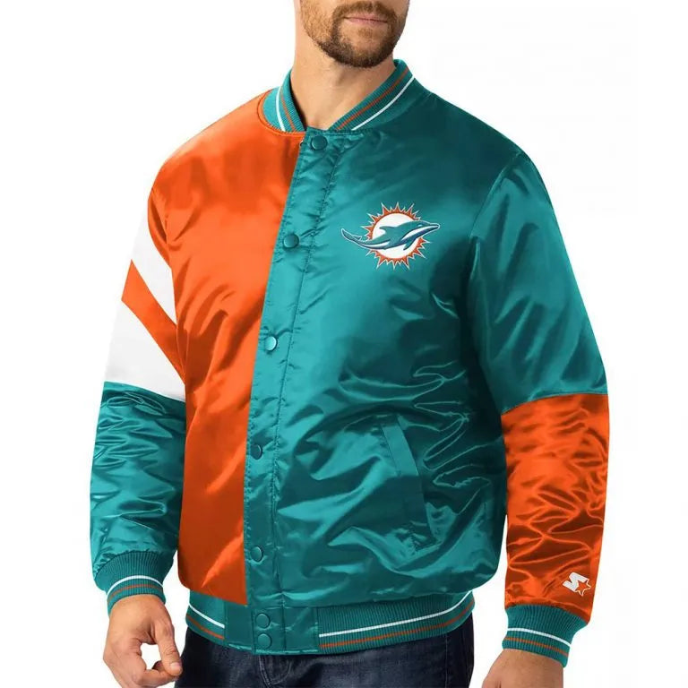 Miami Dolphins Leader Full-Snap Varsity Aqua and Orange Satin Men's Bomber Jacket