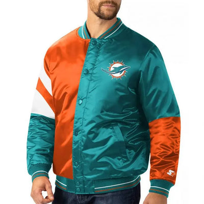 Miami Dolphins Leader Full-Snap Varsity Aqua and Orange Satin Men's Bomber Jacket
