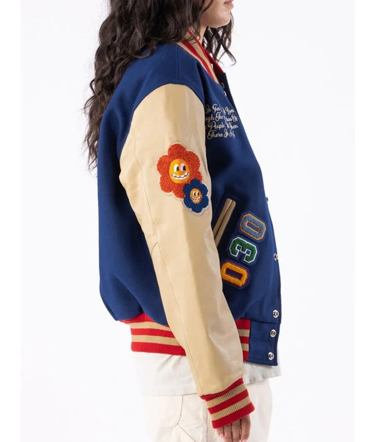 Mickey Mouse Ozzy Rello Blue Wool & Beige Genuine Leather Sleeves Men's Letterman Varsity Jacket