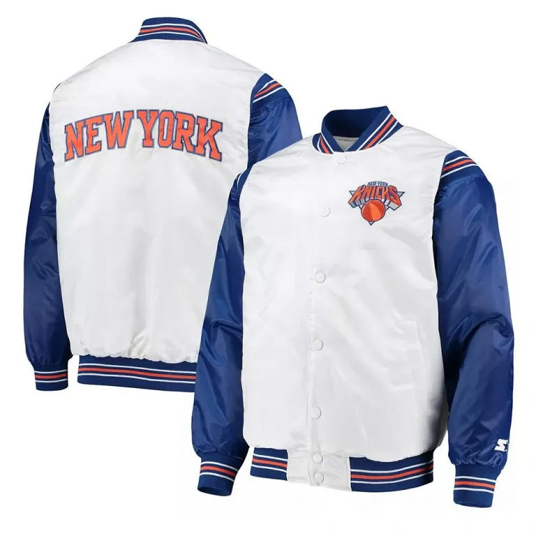 New York Knick Renegade Full-Snap Varsity White & Blue Satin Men's Bomber Jacket