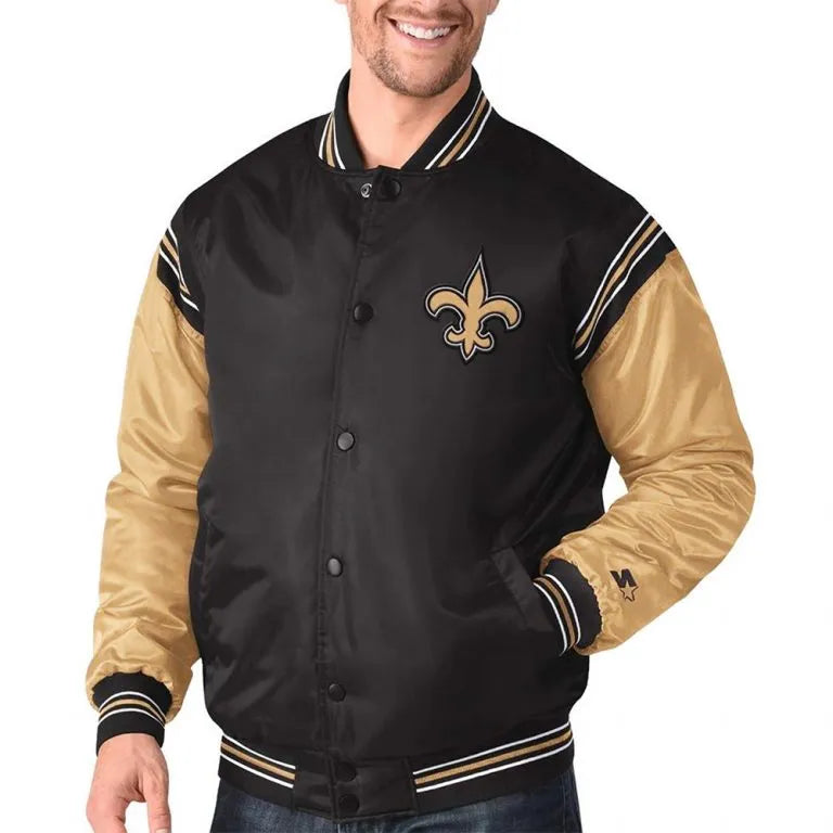 New Orleans Saints Enforcer Full-Snap Varsity Black/Gold Satin Men's Bomber Jacket