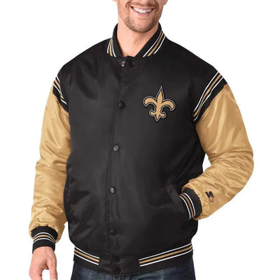 New Orleans Saints Enforcer Full-Snap Varsity Black/Gold Satin Men's Bomber Jacket
