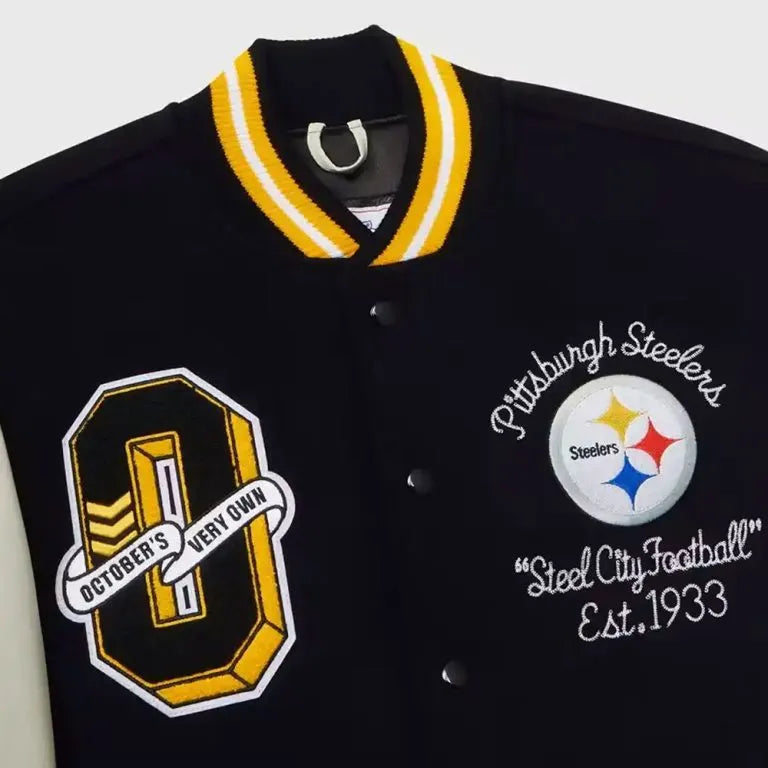 Pittsburgh Steelers Snoop Dogg OVO Black Wool & White Genuine Leather Sleeves Men's Varsity Letterman Jacket