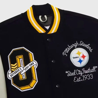 Pittsburgh Steelers Snoop Dogg OVO Black Wool & White Genuine Leather Sleeves Men's Varsity Letterman Jacket