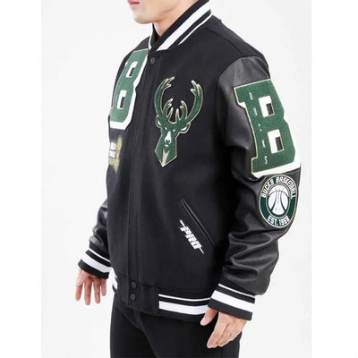 Milwaukee Bucks Varsity Black Wool & Genuine Leather Sleeves Men's Letterman Jacket