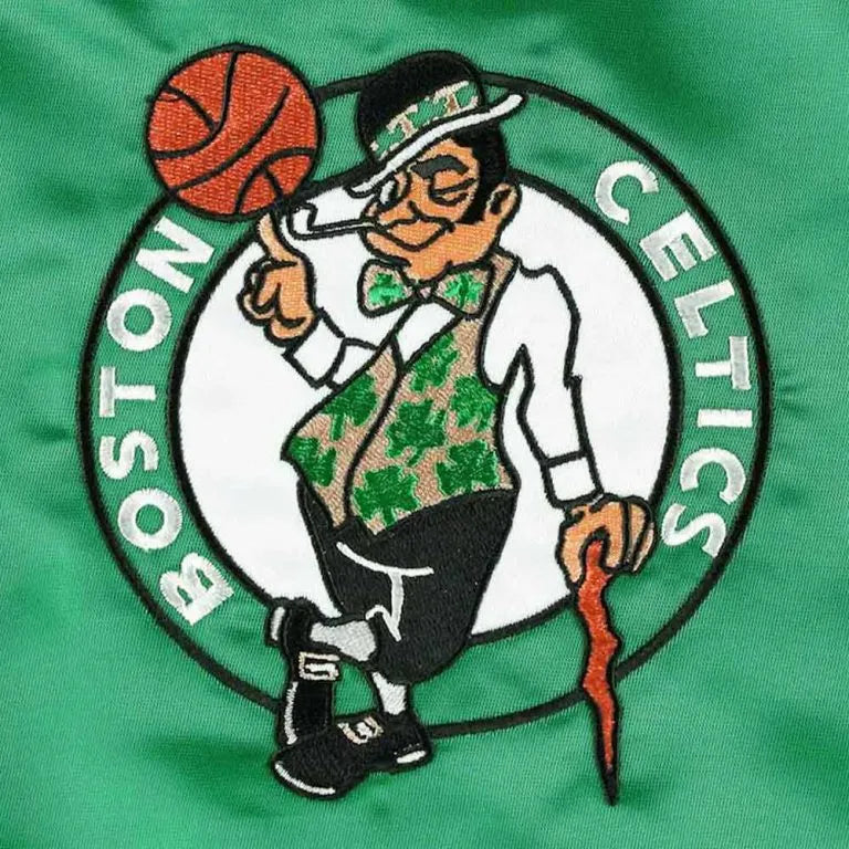 Boston Celtics Pick & Roll Full-Snap Varsity Green Satin Men's Bomber Jacket