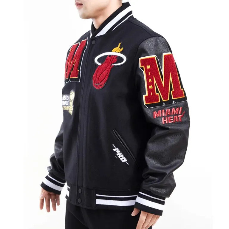 Miami Heat Mashup Logo Varsity Black Wool & Genuine Leather Sleeves Men's Jacket