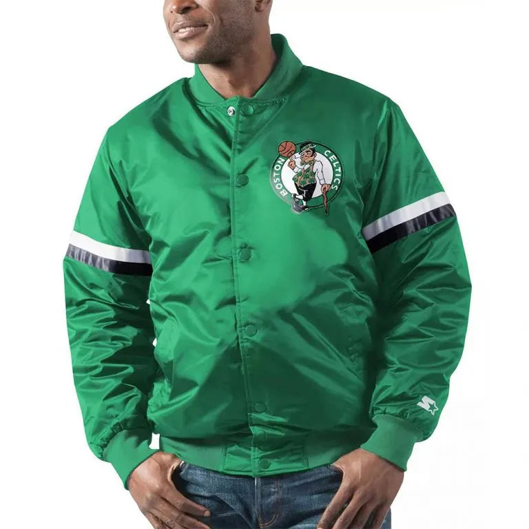 Boston Celtics The Champ Full-Snap Varsity Green Satin Men's Bomber Jacket