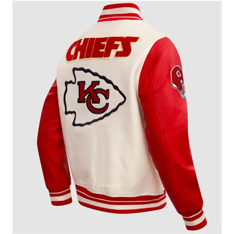 Kansas City Chiefs Off-White Wool and Red Genuine Leather Sleeves Men's Varsity Letterman Jacket