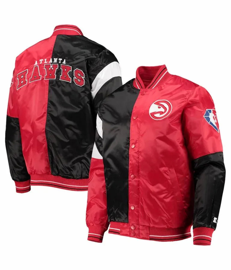 Atlanta Hawks 75th Anniversary Full-Snap Varsity Red and Black Satin Men's Bomber Jacket