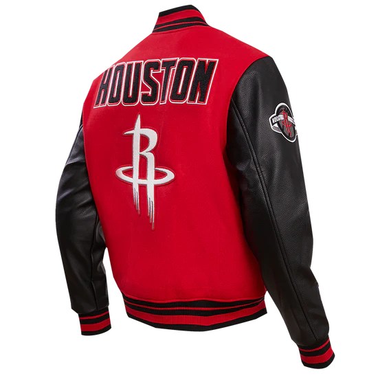 Houston Rockets Retro Classic Rib Varsity Red Wool & Black Genuine Leather Sleeves Men's Bomber Jacket