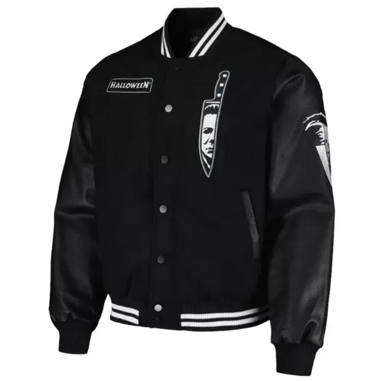 Michael Myers Halloween Black Wool & Genuine Leather Sleeves Men's Letterman Varsity Jacket