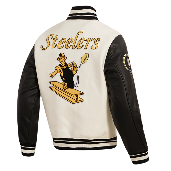 Pittsburgh Steelers Retro Classic Cream Wool & Black Genuine Leather Sleeves Men's Varsity Letterman Jacket