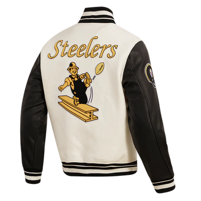 Pittsburgh Steelers Retro Classic Cream Wool & Black Genuine Leather Sleeves Men's Varsity Letterman Jacket
