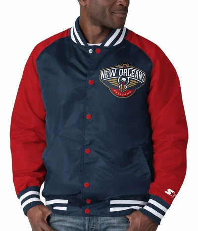 New Orleans Pelicans Full-Snap Varsity Red and Navy Blue Satin Men's Bomber Jacket