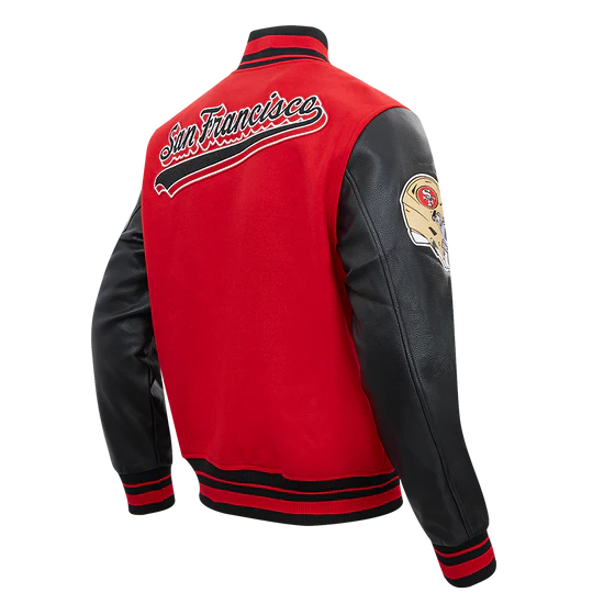 San Francisco 49ers Script Tail Classic Rib Red Wool & Black Genuine Leather Sleeves Men's Varsity Letterman Jacket