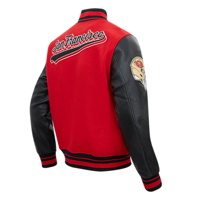 San Francisco 49ers Script Tail Classic Rib Red Wool & Black Genuine Leather Sleeves Men's Varsity Letterman Jacket