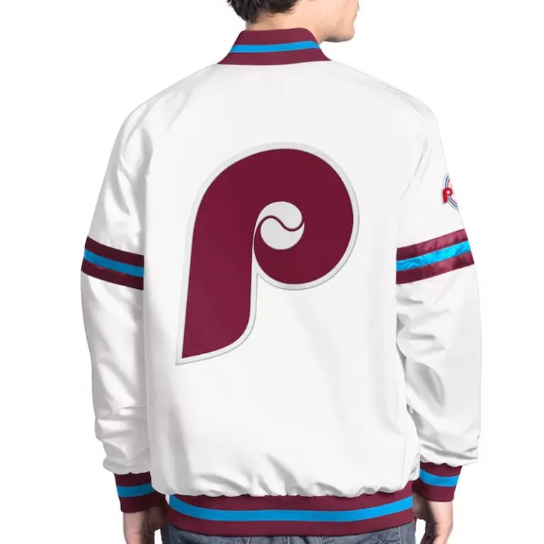 Philadelphia Phillies Scout Full-Snap White Satin Men's Bomber Jacket