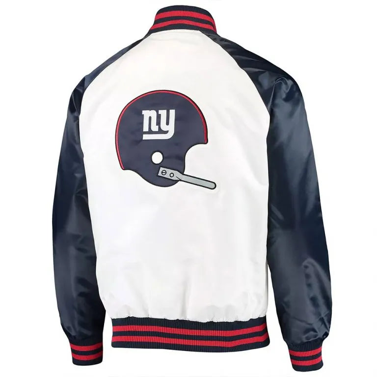 New York Giants Clean Up Throwback Full-Snap Varsity Navy Blue & White Satin Men's Bomber Jacket