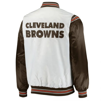 Cleveland Browns Historic Renegade Full-Snap Varsity White/Brown Satin Men's Bomber Jacket