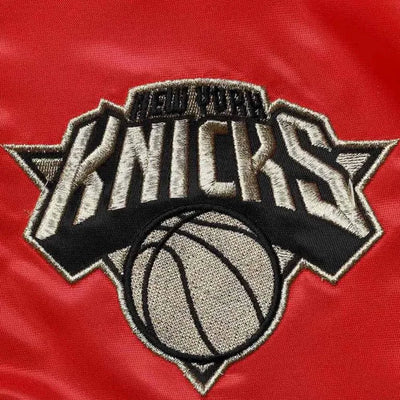 New York Knick 75th Anniversary Full-Snap Varsity Tri-Color Satin Men's Bomber Jacket
