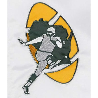 Green Bay Packers Throwback Warm Up Pitch Full-Snap Varsity White & Green Satin Men's Bomber Jacket