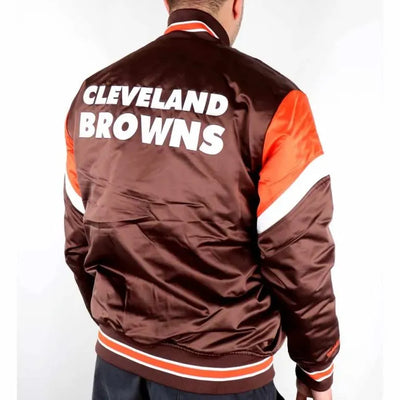 Cleveland Browns Heavyweight Full-Snap Varsity Brown Satin Men's Bomber Jacket