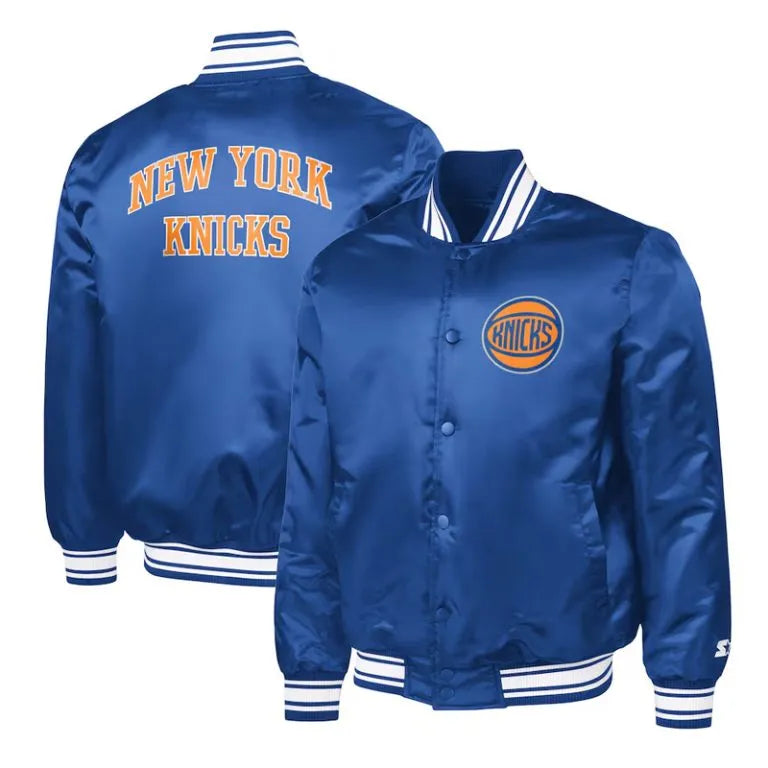 New York Knicks Team Name Full-Snap Varsity Blue Satin Men's Bomber Jacket