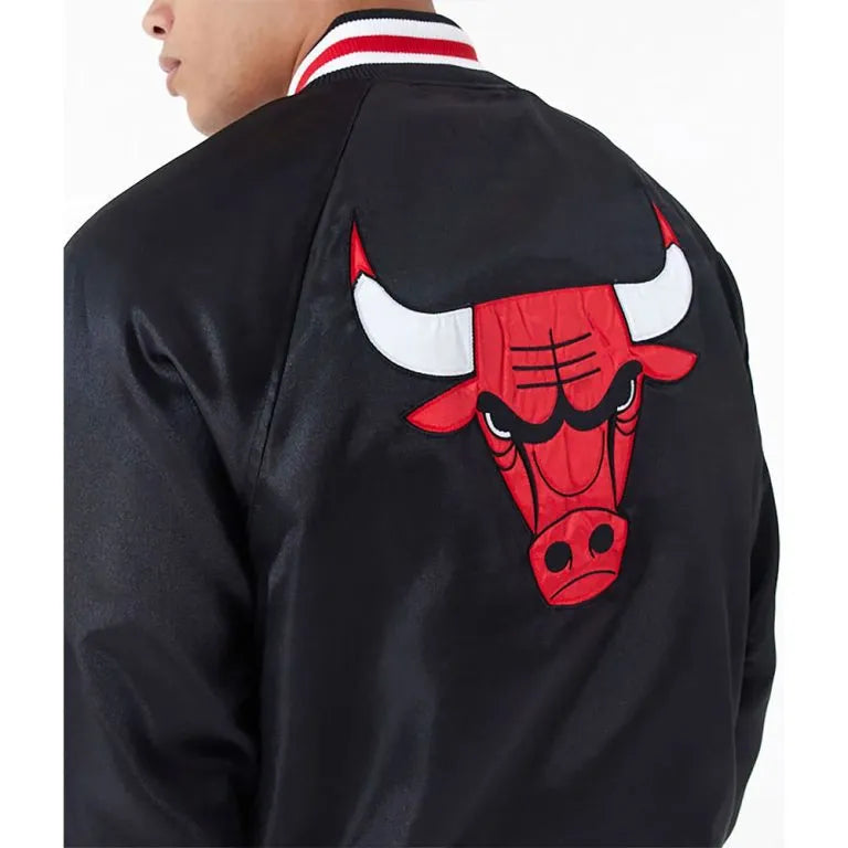 Chicago Bulls Applique Full-Snap Varsity Black Satin Men's Bomber Jacket