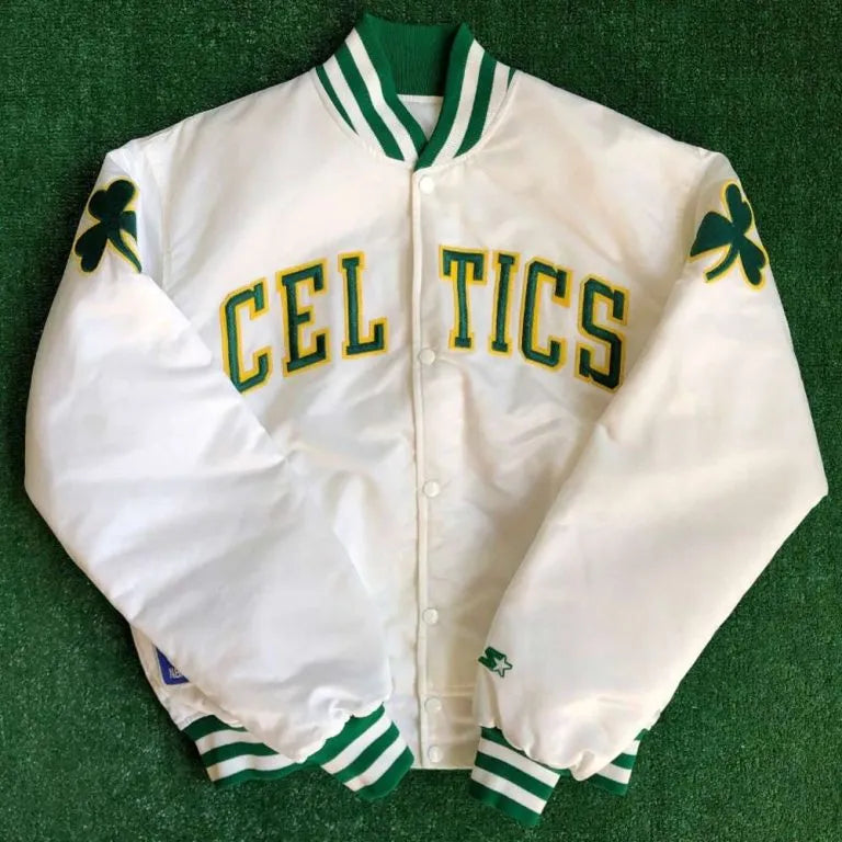 Boston Celtics Full-Snap Varsity White Satin Men's Bomber Jacket