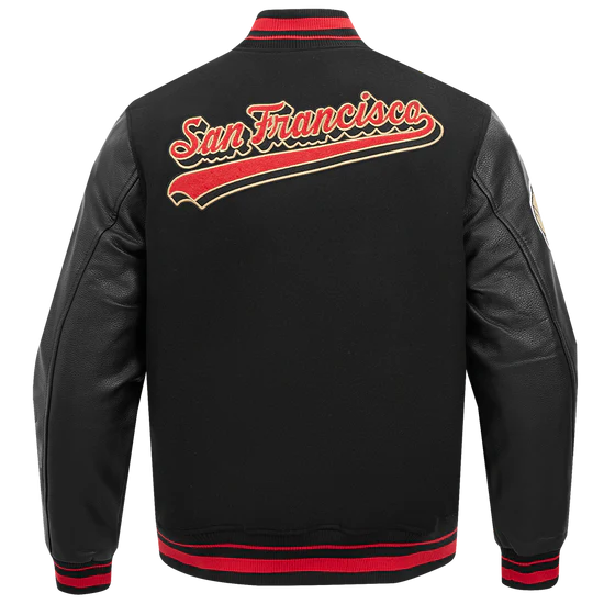 San Francisco 49ers Script Tail Classic Rib Black Wool & Genuine Leather Sleeves Men's Varsity Letterman Jacket