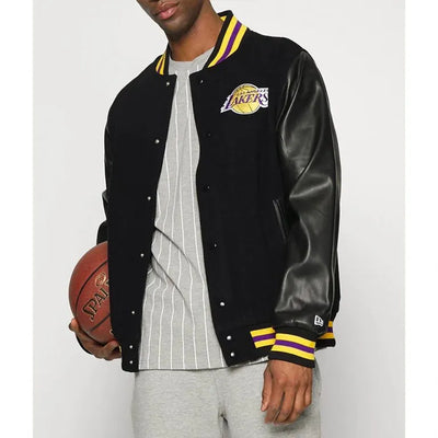 Los Angeles Lakers Training Team Logo Varsity Black Wool & Genuine Leather Sleeves Men's Bomber Jacket