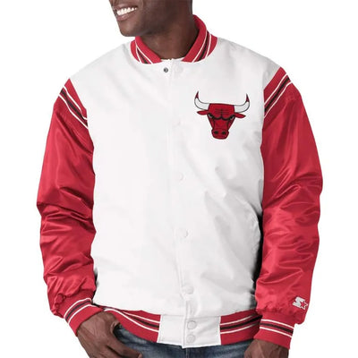 Chicago Bulls Renegade Full-Snap Varsity White/Red Satin Men's Bomber Jacket