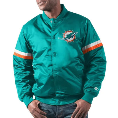 Miami Dolphins Champ Full-Snap Varsity Aqua Satin Men's Bomber Jacket