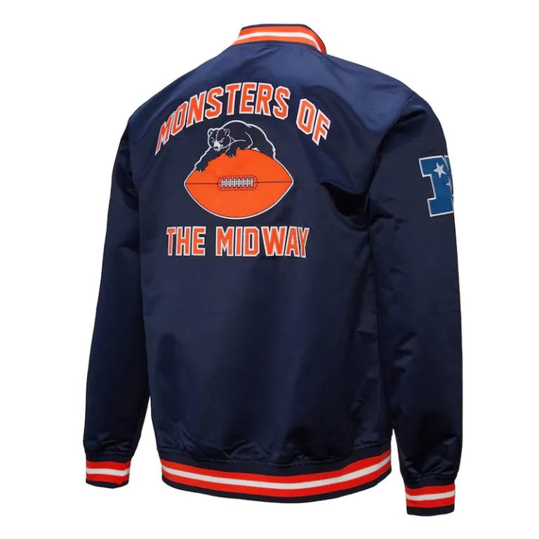 Chicago Bears Double Down Full-Snap Varsity Navy Blue Satin Men's Bomber Jacket