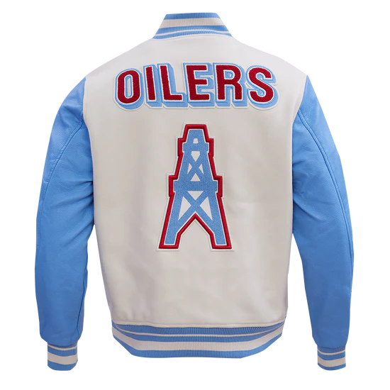 Houston Oilers Retro Classic Off-White Wool and Light Blue Genuine Leather Sleeves Men's Varsity Letterman Jacket