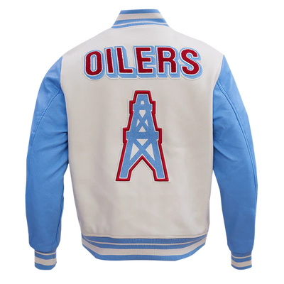 Houston Oilers Retro Classic Off-White Wool and Light Blue Genuine Leather Sleeves Men's Varsity Letterman Jacket