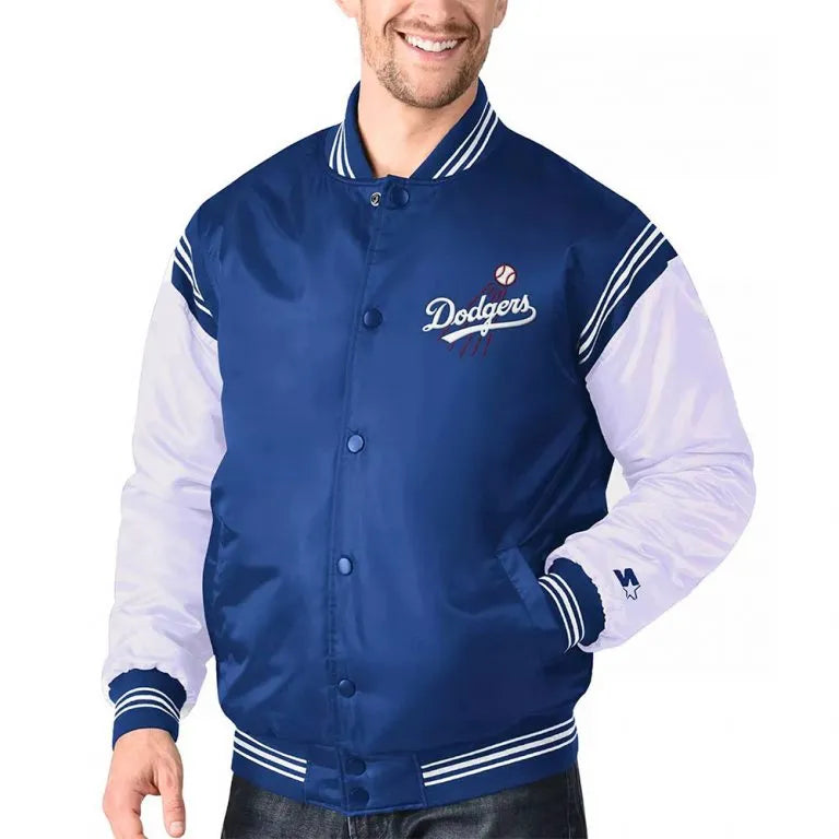 LA Dodgers Enforce White and Blue Satin Varsity Full-Snap Men's Jacket