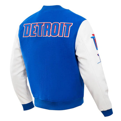 Detroit Pistons Mashup Varsity Royal Blue Wool and White Genuine Leather Sleeves Men's Bomber Jacket