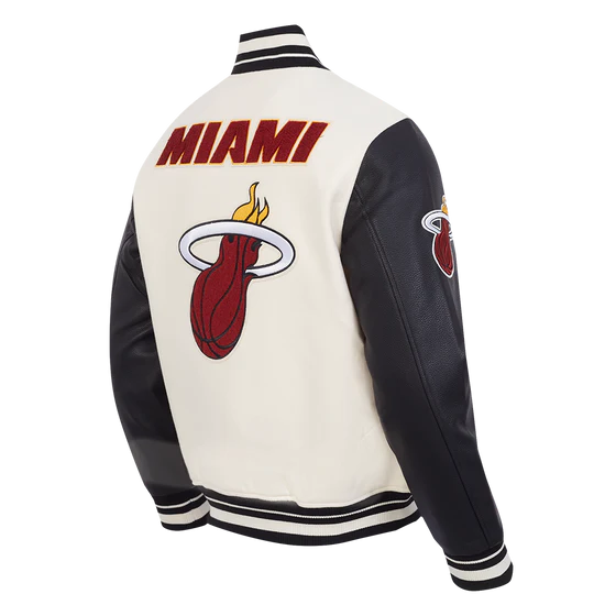Miami Heat Mashup Logo Varsity Off White Wool & Black Genuine Leather Sleeves Men's Jacket