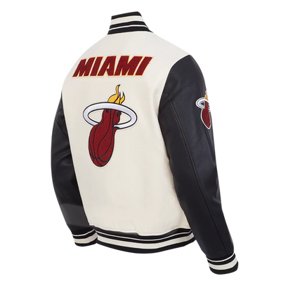 Miami Heat Mashup Logo Varsity Off White Wool & Black Genuine Leather Sleeves Men's Jacket