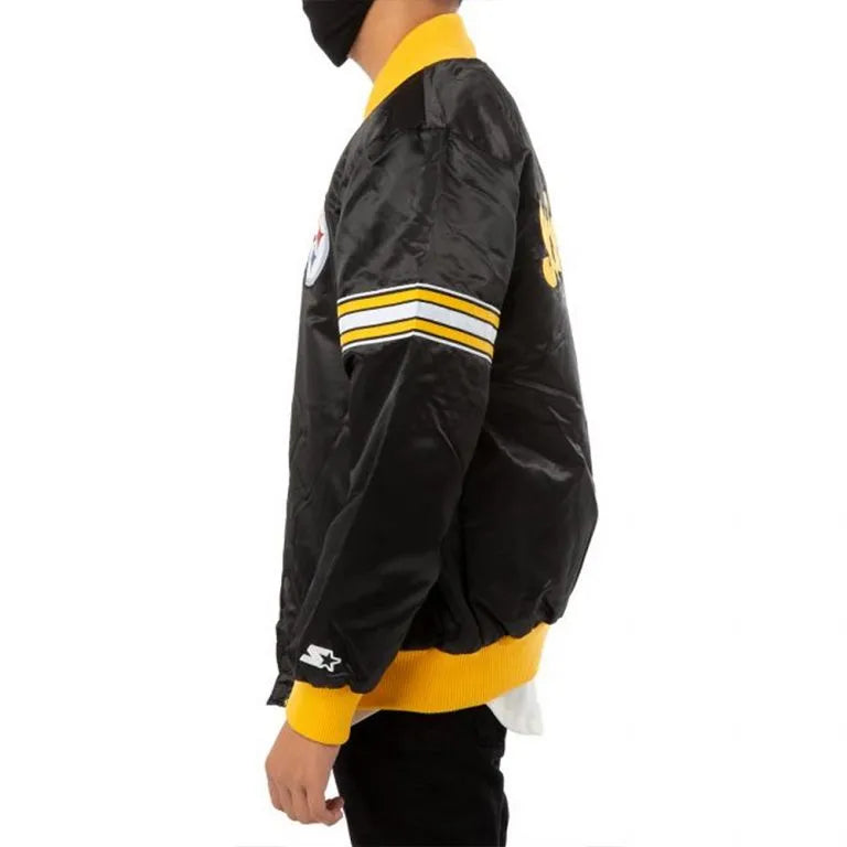 Pittsburgh Steelers Striped Full-Snap Varsity Black Satin Men's Bomber Jacket