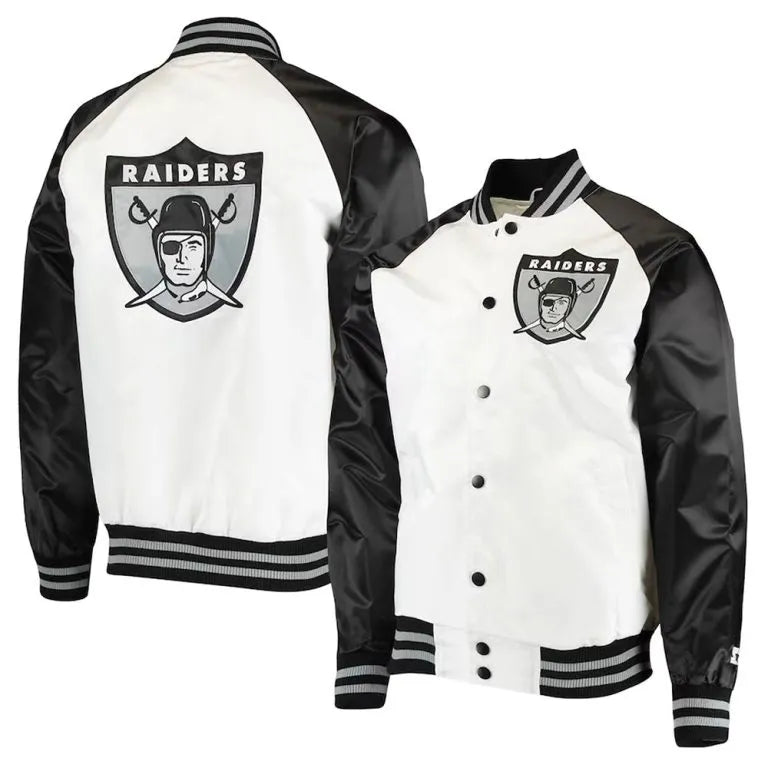 Los Angeles Raiders Clean Up Throwback Full-Snap Varsity White & Black Satin Men's Bomber Jacket