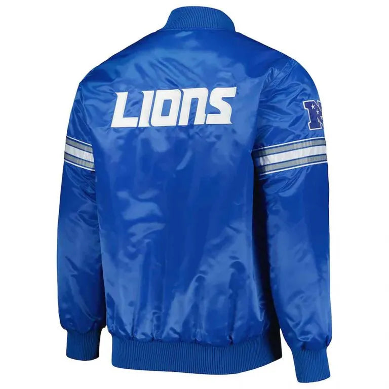 Detroit Lions The Pick and Roll Full-Snap Varsity Blue Satin Men's Bomber Jacket